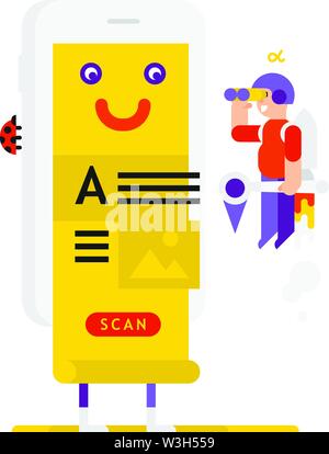 The application tester is drawn in cartoon style. Isolated object on white background. Developers and their product in the phone. The application for Stock Vector