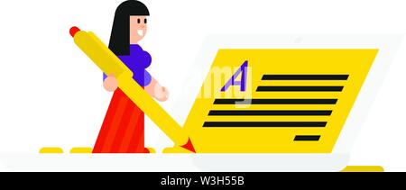 Copywriter painted in cartoon style. Isolated object on white background. Developers and their product in the phone. The application for the phone. Fl Stock Vector