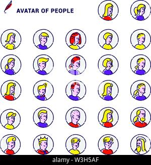 Set of vector avatars of icons of men and women. Round contour avatars on a white background. Ready-made set for web site and presentations. Can be us Stock Vector