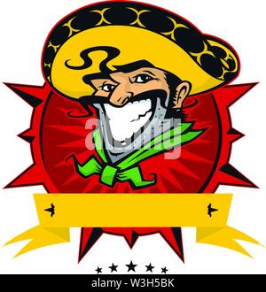 Logo of the Mexican restaurant. Character for Mexican cuisine. Vector flat illustration. Image is isolated on white background. Lovely smiling Mexican Stock Vector