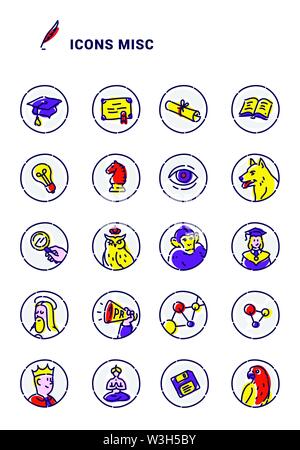 Set of vector icons on different topics. Round outlined icons on white background. Ready-made set for web site and presentations. Can be used for prin Stock Vector