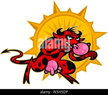 Cartoon cute cow. Illustration of a red aggressive bull. Image of a character isolated on white background. Funny animal mascot. The cow is a bully. T Stock Vector