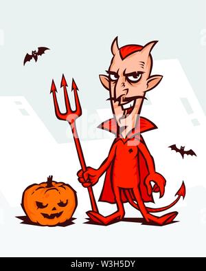 Illustration of the devil for the holiday of the Halloween. Devil in a red suit with a pumpkin on a white background. Vector illustration on a white b Stock Vector