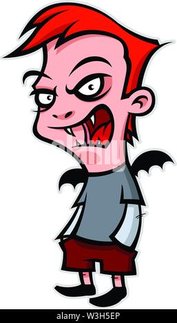 Funny cartoon boy is a vampire. Company character. Vector illustration for any media. Image is isolated on a white background for printing, banner or Stock Vector