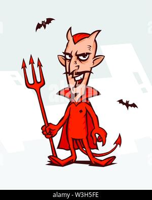 Illustration of the devil for the holiday of the Halloween. Devil in a red suit with a pumpkin on a white background. Vector illustration on a white b Stock Vector