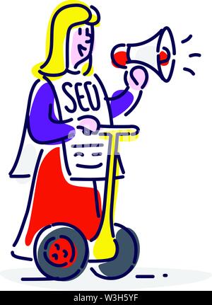 Advertiser in the style of the cartoon.Isolated object on white background. Professions of people who participate in the creation of sites and mobile Stock Vector