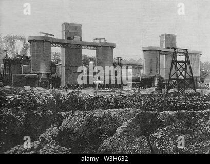 Industria minera en Vizcaya (País Vasco, España). Fábrica de Hierros del Excmo. Sr. Marqués de Mudela, en 'El Desierto' (Bilbao). Frente de los hornos. Grabado por Bernardo Rico (1825-1894). La Ilustración Española y Americana, 30 de enero de 1883. Stock Photo