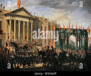 Historia de España. Desfile militar ante el Congreso de los Diputados con motivo del triunfo de la Gloriosa, hacia 1868-1872. Óleo atribuído a Joaquín Sigüenza Chavarrieta (1825-1902). Museo Nacional del Romanticismo. Madrid. España. Stock Photo