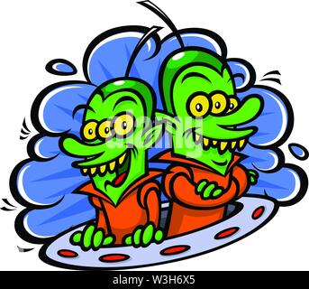 Funny aliens in a spaceship. Vector illustration in a flat style. Image is isolated on white background. Characters for printing, web and games. Stock Vector