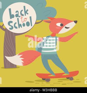 Welcome back to school poster with cartoon animals. Fox with skate Stock Vector