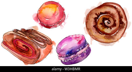 Tasty cake and desserts in a watercolor style. Background illustration set. Watercolour drawing aquarelle isolated. Stock Photo