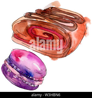 Tasty cake and desserts in a watercolor style. Background illustration set. Watercolour drawing aquarelle isolated. Stock Photo