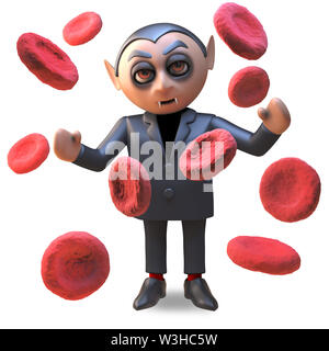 A happy Halloween vampire dracula surrounded by giant blood cells, 3d illustration render Stock Photo