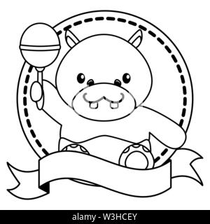 cute little hippo in frame with ribbon Stock Vector
