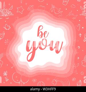 Cute vector unicorns and rainbow doodle seamless pattern. Motivational and inspirational quote Be you. Ink sketch with hearts, stars and rainbow Stock Vector