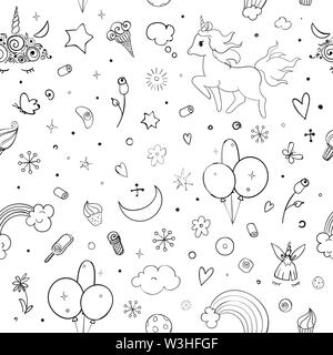 Cute vector unicorns and rainbow seamless pattern - hand drawn kawaii style illustration with imaginary horse from children fairytale. Ink sketch with Stock Vector