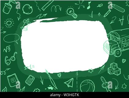 Back to school Background. Banner with texture from line art icons of education, science objects and office supplies on the green background. Stock Vector