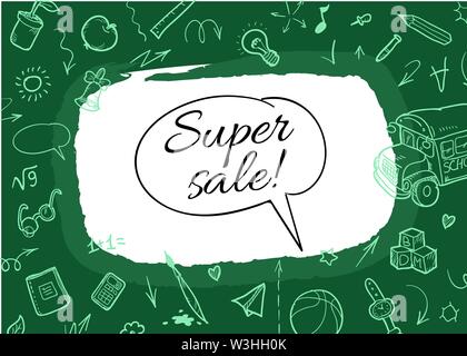 Back to school Background. Banner with texture from line art icons of education, science objects and office supplies on the green background Stock Vector