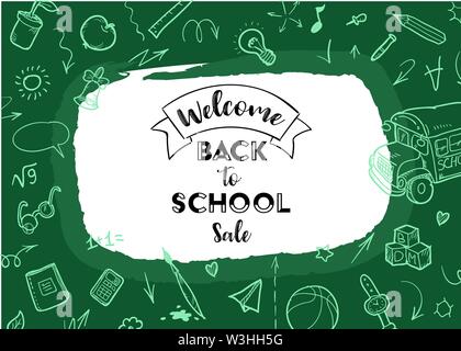 Back to school Background. Banner with texture from line art icons of education, science objects and office supplies on the green background Stock Vector