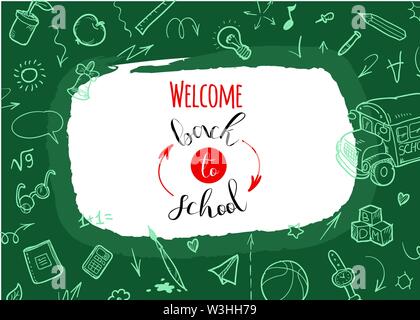 Back to school Background. Banner with texture from line art icons of education, science objects and office supplies on the green background Stock Vector
