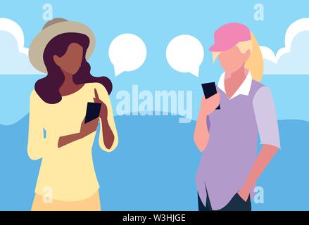 two women using smartphone talking vector illustration Stock Vector