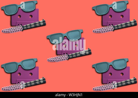 Audio cassette tape, Sunglasses and knife with purple flower. Creative background. Stock Photo