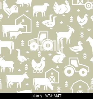 Seamless vector pattern of farm animals, buildings, equipment and other elements Stock Vector