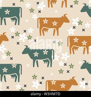 Cute seamless vector pattern of farm animals cows, flowers and other elements in various colors. Stock Vector