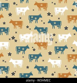 Cute seamless vector pattern of farm animals cows, flowers and other elements in various colors. Stock Vector