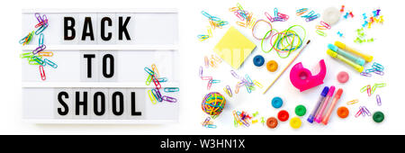 Panorama of colorful school supplies  isolated on white. Back to school concept Stock Photo