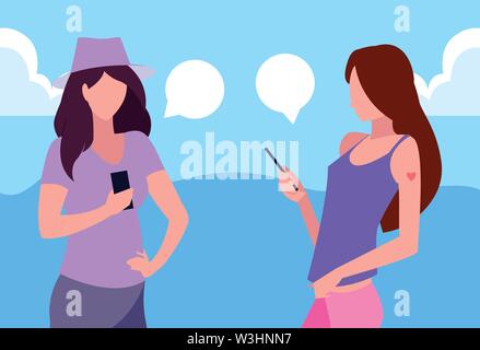 two women using smartphone talking vector illustration Stock Vector