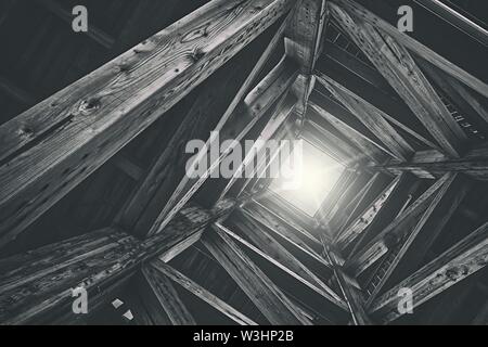 Complex wooden structure platform  in Linz, Austria, known as “Höhenrausch” shot directly from below Stock Photo