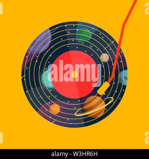 vinyl record music vector with galaxy in vinyl on yellow backgroud graphic Stock Vector