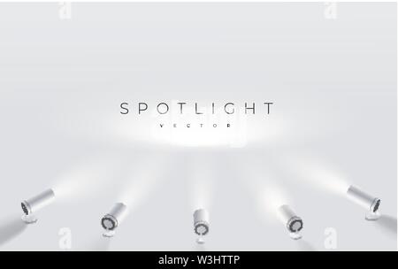 Five spotlights shine in one place. projector on the wall. Minimalistic design. Empty place. Vector illustration. Spotlights with bright white light Stock Vector