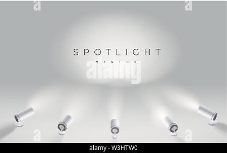 Five spotlights shine in one place. projector on the wall. Minimalistic design. Empty place. Vector illustration. Spotlights with bright white light Stock Vector