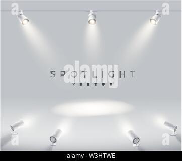 Set spotlights realistic with bright white light shining stage vector set. Illuminated effect form projector, projector for studio. Minimalistic lamp Stock Vector