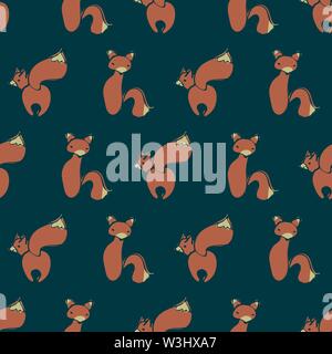 seamless vector pattern with foxes on dark navy background Stock Vector