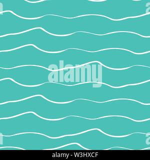 Abstract hand drawn doodle sea waves. Seamless geometric vector pattern on ocean blue background. Great for marine themed products, spa, wellness Stock Vector