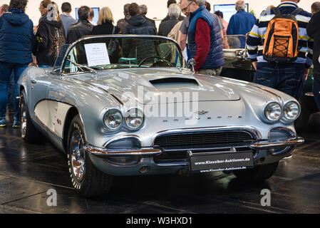 FRIEDRICHSHAFEN - MAY 2019: silver CHEVROLET CORVETTE C1 1961 cabrio at Motorworld Classics Bodensee on May 11, 2019 in Friedrichshafen, Germany. Stock Photo