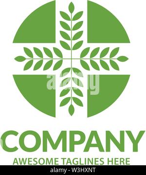 medical cross and herbal leaf. medicine pharmacy logo vector Stock Vector