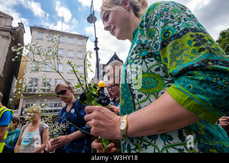 London, UK. 15th July 2019. People bring flowers to add to water from across the country in a ceremony against ecocide. Extinction Rebellion begins another series of protests in five major cities against the criminal inaction by the government on climate and ecological collapse. The protesters brought a yacht named after Polly Higgins who fought for years for an Ecocide Law to the Royal Courts of Justice and continued her fight blocking the Strand all day with performances, discussions, speeches, music and ceremonies in front of the yacht. Peter Marshall/Alamy Live News Stock Photo