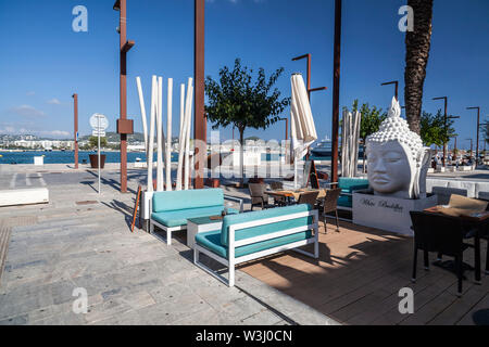 IBIZA,SPAIN-OCTOBER 10,2019: Terrace Bar in port of Ibiza, Eivissa, Balearic Islands. Stock Photo