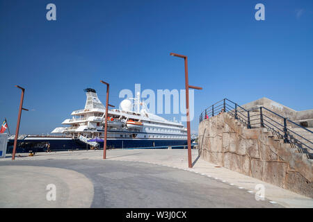 IBIZA,SPAIN-OCTOBER 10,2019: Docked yacht in port of Ibiza, Eivissa, Balearic Islands. Stock Photo
