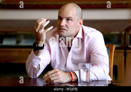 EMBARGOED UNTIL 1200 TUESDAY JULY 16, 2019. Andrew Strauss speaking during a press conference at Lord's to announce that Lord's Cricket Ground will be turning red for day two of the Specsavers 2nd Ashes Test Match between England and Australia in aid of the Ruth Strauss Foundation. Stock Photo