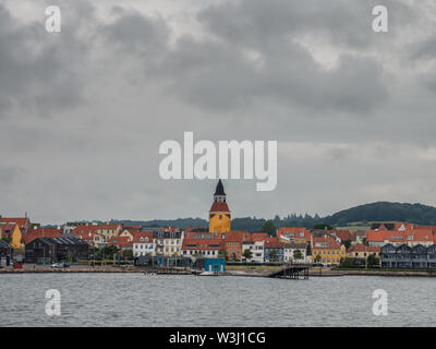 Faaborg harbor and marina skyline view with the belltower, Denmark Stock Photo