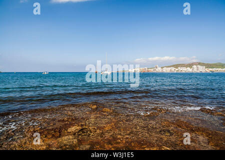 Mediterranean bayand beach in Sant Antoni de Portmany, Ibiza Island, Balearic islands. Stock Photo