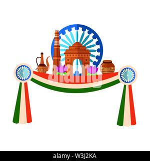 indian gateway with ashoka chakra and lotus flowers Stock Vector