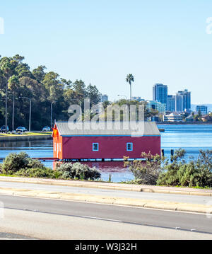 The iconic Crawley Edge Boatshed on the Swan River wrapped in red to commemorate the visit of Manchester United to Perth Western Australia.