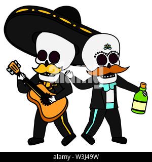 skeletons musician with guitar and tequila viva mexico Stock Vector