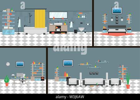 Interior office, bedroom, bathroom, living roomin high-tech style A complete set of furniture and decorations Stock Vector